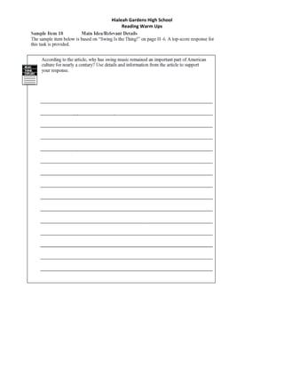 Hialeah Gardens High School 
     Reading Warm Ups 
 