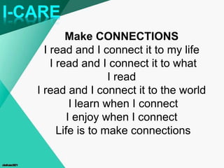 Make CONNECTIONS
I read and I connect it to my life
I read and I connect it to what
I read
I read and I connect it to the world
I learn when I connect
I enjoy when I connect
Life is to make connections
 