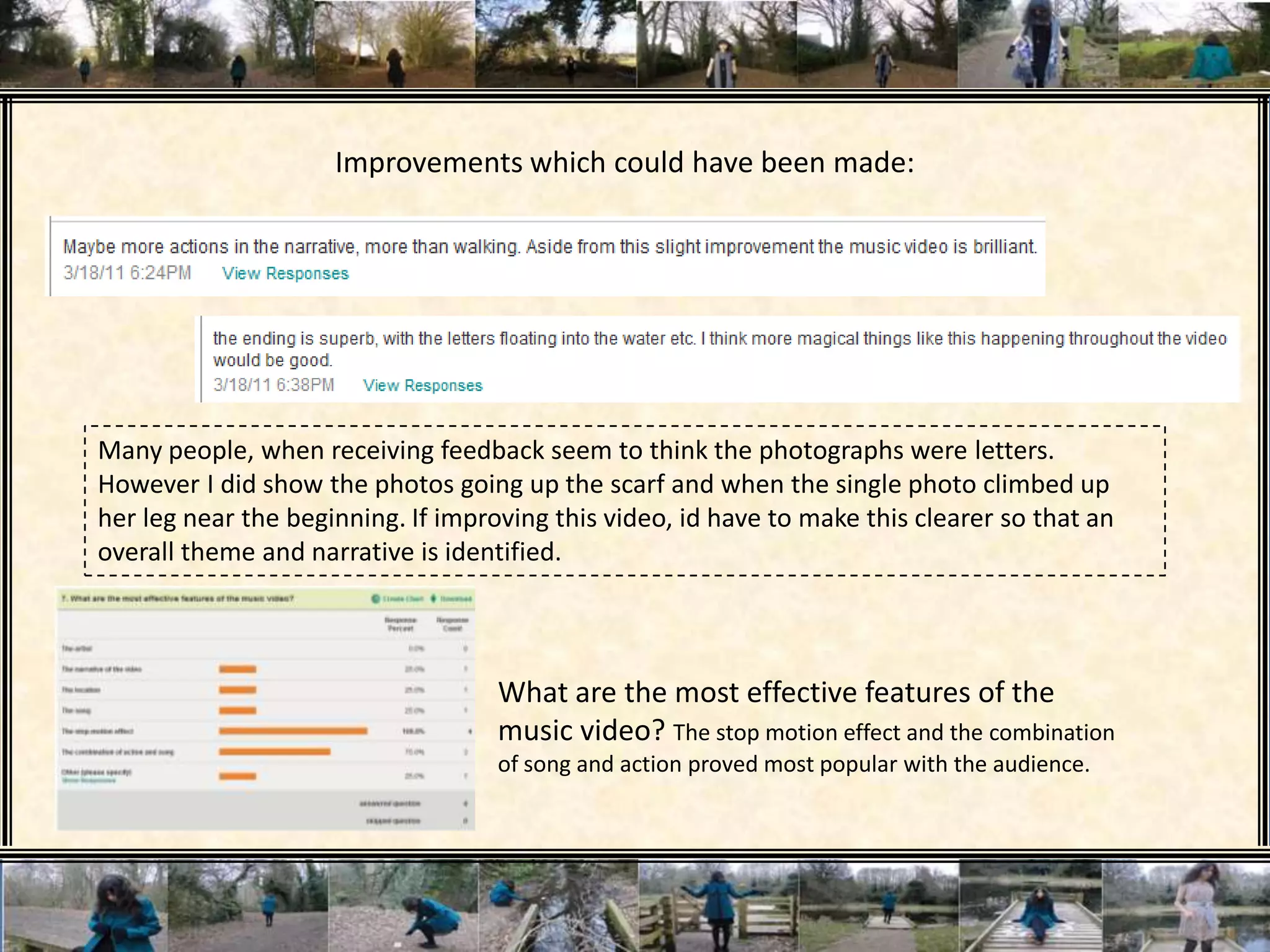 Improvements which could have been made:Many people, when receiving feedback seem to think the photographs were letters. However I did show the photos going up the scarf and when the single photo climbed up her leg near the beginning. If improving this video, id have to make this clearer so that an overall theme and narrative is identified.What are the most effective features of the music video? The stop motion effect and the combination of song and action proved most popular with the audience.