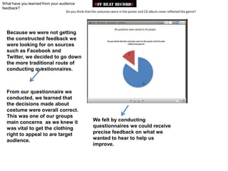 What have you learned from your audience
feedback?
                                   Do you think that the costumes wore in the poster and CD album cover reflected the genre?




  Because we were not getting
  the constructed feedback we
  were looking for on sources
  such as Facebook and
  Twitter, we decided to go down
  the more traditional route of
  conducting questionnaires.



  From our questionnaire we
  conducted, we learned that
  the decisions made about
  costume were overall correct.
  This was one of our groups
  main concerns as we knew it                        We felt by conducting
  was vital to get the clothing                      questionnaires we could receive
  right to appeal to are target                      precise feedback on what we
  audience.                                          wanted to hear to help us
                                                     improve.
 
