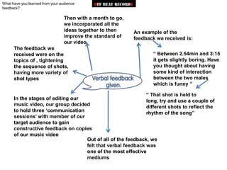 What have you learned from your audience
feedback?

                                  Then with a month to go,
                                  we incorporated all the
                                  ideas together to then     An example of the
                                  improve the standard of    feedback we received is:
                                  our video
      The feedback we
      received were on the                                          “ Between 2.54min and 3:15
      topics of , tightening                                        it gets slightly boring. Have
      the sequence of shots,                                        you thought about having
      having more variety of                                        some kind of interaction
      shot types                                                    between the two males
                                                                    which is funny ”

                                                             “ That shot is held to
      In the stages of editing our                           long, try and use a couple of
      music video, our group decided                         different shots to reflect the
      to hold three „communication                           rhythm of the song”
      sessions‟ with member of our
      target audience to gain
      constructive feedback on copies
      of our music video
                                   Out of all of the feedback, we
                                   felt that verbal feedback was
                                   one of the most effective
                                   mediums
 