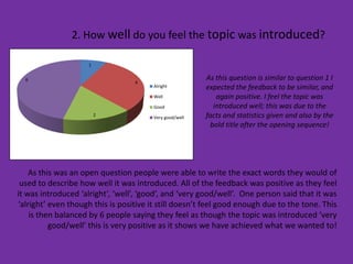 2. How well do you feel the topic was introduced?

                     1


  6
                                  4
                                                         As this question is similar to question 1 I
                                        Alright          expected the feedback to be similar, and
                                        Well                again positive. I feel the topic was
                                        Good               introduced well; this was due to the
                         2
                                        Very good/well   facts and statistics given and also by the
                                                          bold title after the opening sequence!




    As this was an open question people were able to write the exact words they would of
 used to describe how well it was introduced. All of the feedback was positive as they feel
it was introduced ‘alright’, ‘well’, ‘good’, and ‘very good/well’. One person said that it was
‘alright’ even though this is positive it still doesn’t feel good enough due to the tone. This
    is then balanced by 6 people saying they feel as though the topic was introduced ‘very
          good/well’ this is very positive as it shows we have achieved what we wanted to!
 