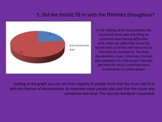 5. Did the music fit in with the themes throughout?

                                                             In the making of the documentary the
                        3                                      sound and music was one thing we
                                                                constantly kept having difficulties
                                                              with, when we added the music the
                                      Too loud (at times)
                                      yes
                                                            sound levels of all the interviews had to
      10                                                        then also be changed to. The final
                                                            documentary music I think was fine but
                                                            after playing it on a big screen I did also
                                                              feel that the music could have been
                                                                  turned down in certain places.



  Looking at the graph you can see that majority of people think that the music did fit in
with the themes of documentary. As expected some people also said that the music was
                                 sometimes too loud. This was the feedback I expected!
 