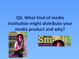 Q3. What kind of media
institution might distribute your
    media product and why?
 