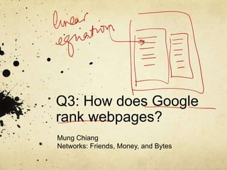 Q3: How does Google
rank webpages?
Mung Chiang
Networks: Friends, Money, and Bytes
 