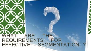 WHAT ARE THE
REQUIREMENTS FOR
EFFECTIVE SEGMENTATION ?
 