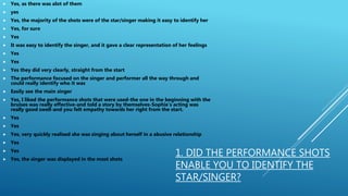 1. DID THE PERFORMANCE SHOTS
ENABLE YOU TO IDENTIFY THE
STAR/SINGER?
 Yes, as there was alot of them
 yes
 Yes, the majority of the shots were of the star/singer making it easy to identify her
 Yes, for sure
 Yes
 It was easy to identify the singer, and it gave a clear representation of her feelings
 Yes
 Yes
 Yes they did very clearly, straight from the start
 The performance focused on the singer and performer all the way through and
could really identify who it was
 Easily see the main singer
 Yes, I liked the performance shots that were used-the one in the beginning with the
bruises was really effective-and told a story by themselves-Sophie’s acting was
really good swell-and you felt empathy towards her right from the start.
 Yes
 Yes
 Yes, very quickly realised she was singing about herself in a abusive relationship
 Yes
 Yes
 Yes, the singer was displayed in the most shots
 