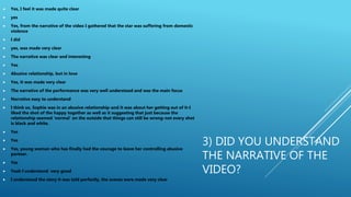 3) DID YOU UNDERSTAND
THE NARRATIVE OF THE
VIDEO?
 Yes, I feel it was made quite clear
 yes
 Yes, from the narrative of the video I gathered that the star was suffering from domestic
violence
 I did
 yes, was made very clear
 The narrative was clear and interesting
 Yes
 Abusive relationship, but in love
 Yes, it was made very clear
 The narrative of the performance was very well understood and was the main focus
 Narrative easy to understand
 I think so, Sophie was in an abusive relationship-and it was about her getting out of it-I
liked the shot of the happy together as well as it suggesting that just because the
relationship seemed ‘normal’ on the outside that things can still be wrong-not every shot
is black and white.
 Yes
 Yes
 Yes, young woman who has finally had the courage to leave her controlling abusive
partner.
 Yes
 Yeah I understand very good
 I understood the story it was told perfectly, the scenes were made very clear
 