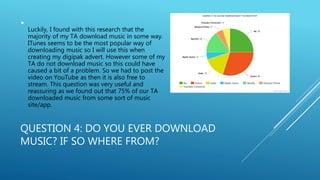 QUESTION 4: DO YOU EVER DOWNLOAD
MUSIC? IF SO WHERE FROM?

Luckily, I found with this research that the
majority of my TA download music in some way.
ITunes seems to be the most popular way of
downloading music so I will use this when
creating my digipak advert. However some of my
TA do not download music so this could have
caused a bit of a problem. So we had to post the
video on YouTube as then it is also free to
stream. This question was very useful and
reassuring as we found out that 75% of our TA
downloaded music from some sort of music
site/app.
 