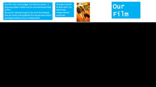 Our
Film
Strongly inspired
by Boys don’t cry
which was
independently
produced
Our film; has a low budget, non-famous actors, a
pressing subject matter and an unconventional style
of film.
We would attempt to get it into all of the festivals
that we could; and hopefully this would mean that it
would get picked up by an independent.
 