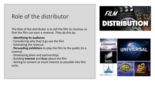 Role of the distributor
The Role of the distributor is to sell the film to cinemas so
that the film can earn a revenue. They do this by:
- Identifying its audience
- Considering why they'd go see the film
- Estimating the revenue
- Persuading exhibitors to play the film to the public (in a
cinema)
- Developing plans and partnerships
- Building interest and buzz about the film
- Aiming to convert as much interest as possible into film
visits
 