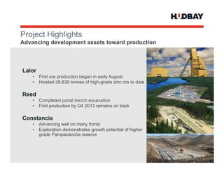 Project Hi hli ht
P j t Highlights
Advancing development assets toward production



Lalor
    •   First
        Fi t ore production b
                    d ti began i early A
                                  in    l Augustt
    •   Hoisted 29,839 tonnes of high-grade zinc ore to date

Reed
    •   Completed portal trench excavation
    •   First production by Q4 2013 remains on track

Constancia
    •   Advancing well on many fronts
    •   Exploration demonstrates growth potential of higher
        grade Pampacancha reserve
 