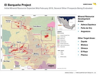 AGNICO EAGLE | THIRD QUARTER 2015 RESULTS | 24
Initial Mineral Resource Expected Mid-February 2016; Several Other Prospects Being Evaluated
Mineral Resource
Development
Areas:
 Azteca-Zapoteca
 Peña de Oro
 Angostura
Other Target Areas:
 Zapote
 Mixteca
 Olmeca
 El Rayo
 Pilarica
El Barqueño Project
 