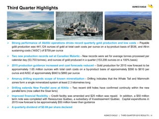 AGNICO EAGLE | THIRD QUARTER 2015 RESULTS | 4
 Strong performance of Abitibi operations drives record quarterly gold production and low costs – Payable
gold production was 441,124 ounces of gold at total cash costs per ounce on a by-product basis of $536, and All-in
sustaining costs (“AISC”) of $759 per ounce
 Two new production records set at Canadian Malartic - New records were set for average tonnes processed per
calendar day (53,703 tonnes), and ounces of gold produced in a quarter (153,206 ounces on a 100% basis)
 2015 production guidance increased and cost forecasts reduced – Gold production for 2015 now forecast to be
approximately 1.65 million ounces with total cash costs on a by-product basis of approximately $590 to $610 per
ounce and AISC of approximately $840 to $860 per ounce
 Amaruq drilling expands scope of known mineralization - Drilling indicates that the Whale Tail and Mammoth
zones form a single mineralized system at least 2.3 kilometres long
 Drilling extends New Parallel zone at Kittila – Two recent drill holes have confirmed continuity within the new
parallel lens (now called the Sisar lens)
 Improved financial flexibility – Credit facility was amended and $25 million was repaid. In addition, a $50 million
term note was completed with Ressources Québec, a subsidiary of Investissement Québec. Capital expenditures in
2015 now forecast to be approximately $50 million lower than guidance
 A quarterly dividend of $0.08 per share declared
Third Quarter Highlights
 