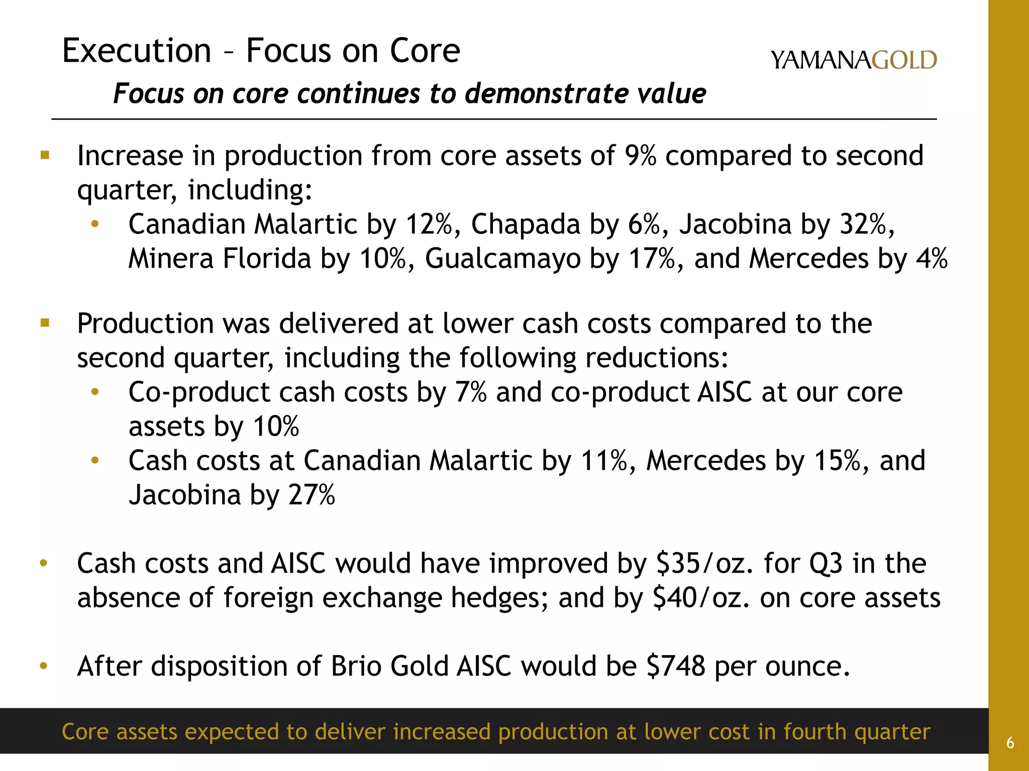 6
 Increase in production from core assets of 9% compared to second
quarter, including:
• Canadian Malartic by 12%, Chapada by 6%, Jacobina by 32%,
Minera Florida by 10%, Gualcamayo by 17%, and Mercedes by 4%
 Production was delivered at lower cash costs compared to the
second quarter, including the following reductions:
• Co-product cash costs by 7% and co-product AISC at our core
assets by 10%
• Cash costs at Canadian Malartic by 11%, Mercedes by 15%, and
Jacobina by 27%
• Cash costs and AISC would have improved by $35/oz. for Q3 in the
absence of foreign exchange hedges; and by $40/oz. on core assets
• After disposition of Brio Gold AISC would be $748 per ounce.
Core assets expected to deliver increased production at lower cost in fourth quarter
Execution – Focus on Core
Focus on core continues to demonstrate value
 