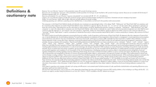 Royal Dutch Shell November 1, 2016 3
Definitions &
cautionary note
Reserves: Our use of the term “reserves” in this presentation means SEC proved oil and gas reserves.
Resources: Our use of the term “resources” in this presentation includes quantities of oil and gas not yet classified as SEC proved oil and gas reserves. Resources are consistent with the Society of
Petroleum Engineers (SPE) 2P + 2C definitions.
Resources and potential: Our use of the term “resources and potential” are consistent with SPE 2P + 2C + 2U definitions.
Organic: Our use of the term Organic includes SEC proved oil and gas reserves excluding changes resulting from acquisitions, divestments and year-average pricing impact.
Shales: Our use of the term ‘shales’ refers to tight, shale and coal bed methane oil and gas acreage.
Underlying operating cost is defined as operating cost less identified items. A reconciliation can be found in the quarterly results announcement.
The companies in which Royal Dutch Shell plc directly and indirectly owns investments are separate legal entities. In this release “Shell”, “Shell group” and “Royal Dutch Shell” are sometimes used
for convenience where references are made to Royal Dutch Shell plc and its subsidiaries in general. Likewise, the words “we”, “us” and “our” are also used to refer to subsidiaries in general or to
those who work for them. These expressions are also used where no useful purpose is served by identifying the particular company or companies. ‘‘Subsidiaries’’, “Shell subsidiaries” and “Shell
companies” as used in this release refer to companies over which Royal Dutch Shell plc either directly or indirectly has control. Entities and unincorporated arrangements over which Shell has joint
control are generally referred to as “joint ventures” and “joint operations” respectively. Entities over which Shell has significant influence but neither control nor joint control are referred to as
“associates”. The term “Shell interest” is used for convenience to indicate the direct and/or indirect ownership interest held by Shell in a venture, partnership or company, after exclusion of all third-
party interest.
This release contains forward-looking statements concerning the financial condition, results of operations and businesses of Royal Dutch Shell. All statements other than statements of historical fact
are, or may be deemed to be, forward-looking statements. Forward-looking statements are statements of future expectations that are based on management’s current expectations and assumptions
and involve known and unknown risks and uncertainties that could cause actual results, performance or events to differ materially from those expressed or implied in these statements. Forward-
looking statements include, among other things, statements concerning the potential exposure of Royal Dutch Shell to market risks and statements expressing management’s expectations, beliefs,
estimates, forecasts, projections and assumptions. These forward-looking statements are identified by their use of terms and phrases such as ‘‘anticipate’’, ‘‘believe’’, ‘‘could’’, ‘‘estimate’’, ‘‘expect’’,
‘‘goals’’, ‘‘intend’’, ‘‘may’’, ‘‘objectives’’, ‘‘outlook’’, ‘‘plan’’, ‘‘probably’’, ‘‘project’’, ‘‘risks’’, “schedule”, ‘‘seek’’, ‘‘should’’, ‘‘target’’, ‘‘will’’ and similar terms and phrases. There are a number of
factors that could affect the future operations of Royal Dutch Shell and could cause those results to differ materially from those expressed in the forward-looking statements included in this release,
including (without limitation): (a) price fluctuations in crude oil and natural gas; (b) changes in demand for Shell’s products; (c) currency fluctuations; (d) drilling and production results; (e) reserves
estimates; (f) loss of market share and industry competition; (g) environmental and physical risks; (h) risks associated with the identification of suitable potential acquisition properties and targets,
and successful negotiation and completion of such transactions; (i) the risk of doing business in developing countries and countries subject to international sanctions; (j) legislative, fiscal and
regulatory developments including regulatory measures addressing climate change; (k) economic and financial market conditions in various countries and regions; (l) political risks, including the
risks of expropriation and renegotiation of the terms of contracts with governmental entities, delays or advancements in the approval of projects and delays in the reimbursement for shared costs;
and (m) changes in trading conditions. There can be no assurance that future dividend payments will match or exceed previous dividend payments. All forward-looking statements contained in this
release are expressly qualified in their entirety by the cautionary statements contained or referred to in this section. Readers should not place undue reliance on forward-looking statements.
Additional risk factors that may affect future results are contained in Royal Dutch Shell’s 20-F for the year ended December 31, 2015 (available at www.shell.com/investor and www.sec.gov ).
These risk factors also expressly qualify all forward-looking statements contained in this release and should be considered by the reader. Each forward-looking statement speaks only as of the date
of this release, November 1, 2016. Neither Royal Dutch Shell plc nor any of its subsidiaries undertake any obligation to publicly update or revise any forward-looking statement as a result of new
information, future events or other information. In light of these risks, results could differ materially from those stated, implied or inferred from the forward-looking statements contained in this
release.
With respect to operating costs synergies indicated, such savings and efficiencies in procurement spend include economies of scale, specification standardisation and operating efficiencies across
operating, capital and raw material cost areas.
We may have used certain terms, such as resources, in this release that United States Securities and Exchange Commission (SEC) strictly prohibits us from including in our filings with the SEC. U.S.
Investors are urged to consider closely the disclosure in our Form 20-F, File No 1-32575, available on the SEC website www.sec.gov.
 
