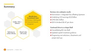 Royal Dutch Shell November 1, 2016 4
Summary
Business mix underpins results
 Downstream + Integrated Gas offsetting Upstream
 Underlying CCS earnings $2.8 billion
 CFFO $8.5 billion
 Q316 dividend $0.47 per share
Continued drive to re-shape Shell
 Consolidating BG into Shell
 Updated capital investment guidance
 Progressing cost reductions, divestments and
project start-ups
Leader: value +
influence
Reducing our
carbon intensity
Shared value
with society
World-class
investment case
 FCF/share + ROCE growth
 Conservative financial
management
 