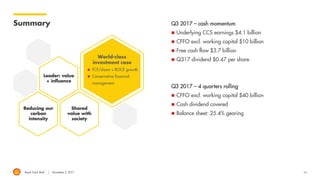 Royal Dutch Shell November 2, 2017 16
Summary Q3 2017 – cash momentum
 Underlying CCS earnings $4.1 billion
 CFFO excl. working capital $10 billion
 Free cash flow $3.7 billion
 Q317 dividend $0.47 per share
Q3 2017 – 4 quarters rolling
 CFFO excl. working capital $40 billion
 Cash dividend covered
 Balance sheet: 25.4% gearing
Leader: value
+ influence
Reducing our
carbon
intensity
Shared
value with
society
World-class
investment case
 FCF/share + ROCE growth
 Conservative financial
management
 