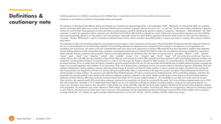 Royal Dutch Shell November 2, 2017 3
Definitions &
cautionary note
Underlying operating cost is defined as operating cost less identified items. A reconciliation can be found in the quarterly results announcement.
Divestments. A reconciliation can be found in the quarterly results announcement.
The companies in which Royal Dutch Shell plc directly and indirectly owns investments are separate legal entities. In this presentation “Shell”, “Shell group” and “Royal Dutch Shell” are sometimes
used for convenience where references are made to Royal Dutch Shell plc and its subsidiaries in general. Likewise, the words “we”, “us” and “our” are also used to refer to subsidiaries in general or
to those who work for them. These expressions are also used where no useful purpose is served by identifying the particular company or companies. ‘‘Subsidiaries’’, “Shell subsidiaries” and “Shell
companies” as used in this presentation refer to companies over which Royal Dutch Shell plc either directly or indirectly has control. Entities and unincorporated arrangements over which Shell has
joint control are generally referred to as “joint ventures” and “joint operations” respectively. Entities over which Shell has significant influence but neither control nor joint control are referred to as
“associates”. The term “Shell interest” is used for convenience to indicate the direct and/or indirect ownership interest held by Shell in a venture, partnership or company, after exclusion of all third-
party interest.
This presentation contains forward-looking statements concerning the financial condition, results of operations and businesses of Royal Dutch Shell. All statements other than statements of historical
fact are, or may be deemed to be, forward-looking statements. Forward-looking statements are statements of future expectations that are based on management’s current expectations and
assumptions and involve known and unknown risks and uncertainties that could cause actual results, performance or events to differ materially from those expressed or implied in these statements.
Forward-looking statements include, among other things, statements concerning the potential exposure of Royal Dutch Shell to market risks and statements expressing management’s expectations,
beliefs, estimates, forecasts, projections and assumptions. These forward-looking statements are identified by their use of terms and phrases such as ‘‘anticipate’’, ‘‘believe’’, ‘‘could’’, ‘‘estimate’’,
‘‘expect’’, ‘‘goals’’, ‘‘intend’’, ‘‘may’’, ‘‘objectives’’, ‘‘outlook’’, ‘‘plan’’, ‘‘probably’’, ‘‘project’’, ‘‘risks’’, “schedule”, ‘‘seek’’, ‘‘should’’, ‘‘target’’, ‘‘will’’ and similar terms and phrases. There are a
number of factors that could affect the future operations of Royal Dutch Shell and could cause those results to differ materially from those expressed in the forward-looking statements included in this
presentation, including (without limitation): (a) price fluctuations in crude oil and natural gas; (b) changes in demand for Shell’s products; (c) currency fluctuations; (d) drilling and production results;
(e) reserves estimates; (f) loss of market share and industry competition; (g) environmental and physical risks; (h) risks associated with the identification of suitable potential acquisition properties and
targets, and successful negotiation and completion of such transactions; (i) the risk of doing business in developing countries and countries subject to international sanctions; (j) legislative, fiscal and
regulatory developments including regulatory measures addressing climate change; (k) economic and financial market conditions in various countries and regions; (l) political risks, including the
risks of expropriation and renegotiation of the terms of contracts with governmental entities, delays or advancements in the approval of projects and delays in the reimbursement for shared costs;
and (m) changes in trading conditions. No assurance is provided that future dividend payments will match or exceed previous dividend payments. All forward-looking statements contained in this
presentation are expressly qualified in their entirety by the cautionary statements contained or referred to in this section. Readers should not place undue reliance on forward-looking statements.
Additional risk factors that may affect future results are contained in Royal Dutch Shell’s 20-F for the year ended December 31, 2016 (available at www.shell.com/investor and www.sec.gov ).
These risk factors also expressly qualify all forward looking statements contained in this presentation and should be considered by the reader. Each forward-looking statement speaks only as of the
date of this presentation, November 2, 2017. Neither Royal Dutch Shell plc nor any of its subsidiaries undertake any obligation to publicly update or revise any forward-looking statement as a
result of new information, future events or other information. In light of these risks, results could differ materially from those stated, implied or inferred from the forward-looking statements contained
in this presentation. This presentation may contain references to Shell’s website. These references are for the readers’ convenience only. Shell is not incorporating by reference any information posted
on www.shell.com. We may have used certain terms, such as resources, in this presentation that the United States Securities and Exchange Commission (SEC) strictly prohibits us from including in
our filings with the SEC. U.S. investors are urged to consider closely the disclosure in our Form 20-F, File No 1-32575, available on the SEC website www.sec.gov.
 