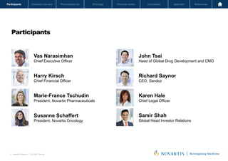 Oncology
Pharmaceuticals
Company overview
Participants Financial review Conclusion Appendix References
3 Investor Relations │ Q3 2021 Results
Participants Oncology
Pharmaceuticals
Company overview Financial review Conclusion Appendix References
Participants
Novartis Q3 Results | October 26, 2021 | Novartis Investor Presentation
3
Vas Narasimhan
Chief Executive Officer
Harry Kirsch
Chief Financial Officer
Marie-France Tschudin
President, Novartis Pharmaceuticals
Susanne Schaffert
President, Novartis Oncology
John Tsai
Head of Global Drug Development and CMO
Richard Saynor
CEO, Sandoz
Karen Hale
Chief Legal Officer
Samir Shah
Global Head Investor Relations
 