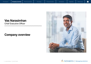 Oncology
Pharmaceuticals
Company overview
Participants Financial review Conclusion Appendix References
4 Investor Relations │ Q3 2021 Results
Oncology
Pharmaceuticals
Company overview
Participants Financial review Conclusion Appendix References
Company overview
Vas Narasimhan
Chief Executive Officer
Novartis Q3 Results | October 26, 2021 | Novartis Investor Presentation
4
 