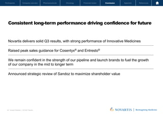 Oncology
Pharmaceuticals
Company overview
Participants Financial review Conclusion Appendix References
46 Investor Relations │ Q3 2021 Results
Oncology
Pharmaceuticals
Company overview
Participants Financial review Conclusion Appendix References
Consistent long-term performance driving confidence for future
Novartis Q3 Results | October 26, 2021 | Novartis Investor Presentation
46
Novartis delivers solid Q3 results, with strong performance of Innovative Medicines
Raised peak sales guidance for Cosentyx® and Entresto®
We remain confident in the strength of our pipeline and launch brands to fuel the growth
of our company in the mid to longer term
Announced strategic review of Sandoz to maximize shareholder value
 