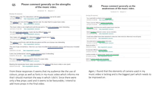 Q5 Q6
From these responses it seems that my audience like the use of
colours, props as well as fonts in my music video which informs me
that I should maintain the way in which I did it. Since there were
only a few props used and it seems to be favourable, I intend to
add more props in the final video.
Again, I found that the elements of camera used in my
music video is lacking and is the biggest part which needs to
be improved on.
 