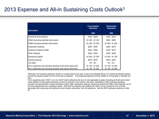 2013 Expense and All-in Sustaining Costs Outlook3
2013 Expense Outlook8

Consolidated
Expenses

Attributable
Expenses

($M)

($M)

$180 - $230

$180 - $230

Description

General & Administrative
DD&A excluding stockpile write-downs

$1,050 - $1,100

$900 - $950

DD&A including stockpile write-downs

$1,250 - $1,300

$1,000 - $1,050

Exploration Expense

$250 - $300

$225 - $275

Advanced Projects & R&D

$250 - $300

$225 - $275

Other Expense

$300 - $350

$200 - $250

Sustaining Capital

$1,200 - $1,300

$1,000 - $1,100

Interest Expense

$275 - $325

$250 - $300

a

Tax Rate

0% - 5%

0% - 5%

All-in sustaining cost excluding stockpile write-downs ($/ounce)b

$1,100 - $1,200

$1,100 - $1,200

All-in sustaining cost including stockpile write-downs ($/ounce)b

$1,100 - $1,200

$1,100 - $1,200

a

Although, the Company expects to remain in a pretax loss for the year, it does not anticipate being in an overall tax benefit position.
Income tax expense equal to 0-5% of the loss is projected. This projected expense primarily relates to mining taxes in Nevada and
Peru.
b
All-in sustaining cost (“AISC”) is a non-GAAP metric defined as the sum of cost applicable to sales (including all direct and indirect
costs related to current gold production incurred to execute on the current mine plan), remediation costs (including operating
accretion and amortization of asset retirement costs), G&A, exploration expense, advanced projects and R&D, other expense, net of
one-time adjustments and sustaining capital. Note that the company has updated this metric to now include the sum of costs
associated with producing and selling an ounce of gold, exclusively, from all operations. See the AISC disclosure starting on slide
23.

Newmont Mining Corporation | Third Quarter 2013 Earnings | www.newmont.com

27

November 1, 2013

 