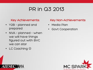 PR in Q3 2013
Key Achievements:
•  Y2B – planned and
prepared
•  NVA – planned – when
we will have things
figured out with BVC
we can star
•  LC Coaching J
Key Non-Achievements
•  Media Plan
•  Govt Cooperation
 
