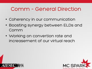 Comm – General Direction
•  Coherency in our communication
•  Boosting synergy between ELDs and
Comm
•  Working on convertion rate and
increasement of our virtual reach
 