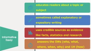 Informative
Essay
educates readers about a topic or
subject
sometimes called explanatory or
expository writing
uses credible sources as evidence
like facts, statistics and research
answers the 5Ws (who, what,
where, when, why) and 1H (how)
 