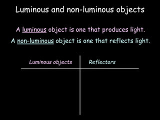 Luminous and non-luminous objects
A luminous object is one that produces light.
A non-luminous object is one that reflects light.
Luminous objects Reflectors
 