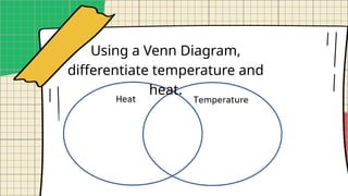 Using a Venn Diagram,
differentiate temperature and
heat.
 