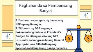 6. Ihaharap sa pangulo ng bansa ang
NEP upang linangin.
7. Titipunin ng DBP ang mga
dokumentong bubuo sa President’s
Budget, kabilang na rito ang NEP,
isusumite sa kongreso bilang General
Appropriations Bill (GAB) upang
aprubahan bilang isang ganap na batas.
Paghahanda sa Pambansang
Badyet
 