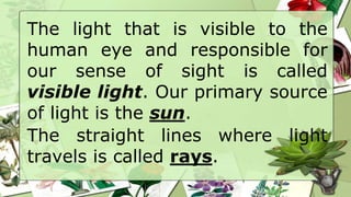 The light that is visible to the
human eye and responsible for
our sense of sight is called
visible light. Our primary source
of light is the sun.
The straight lines where light
travels is called rays.
 