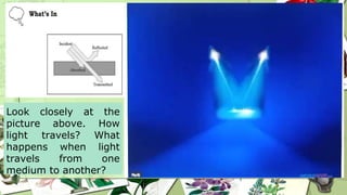 Look closely at the
picture above. How
light travels? What
happens when light
travels from one
medium to another?
 