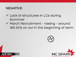 NEGATIVE:
ü  Lack of structures in LCs during
Summer
ü  March Recruitment – raising – around
400 EPs on avi in the beginning of term
	
  
 