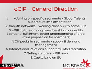 oGIP – General Direction
1.  Working on specific segments - Global Talents
subproduct implementation
2. Growth networks – working closely with some LCs
3. oGIP culture among membership in our entity
( personel fulfillment, better understanding of area,
value proposition for members)
4. Off peaks in segments – supply & demand
management
5. International Relations support MC MoS realzation
7. Selling culture in oGIP area
8. Capitalizing on SU
 