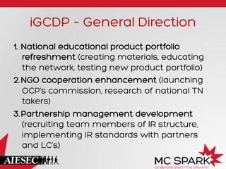 iGCDP – General Direction
1.  National educational product portfolio
refreshment (creating materials, educating
the network, testing new product portfolio)
2. NGO cooperation enhancement (launching
OCP’s commission, research of national TN
takers)
3. Partnership management development
(recruiting team members of IR structure,
implementing IR standards with partners
and LC’s)
 