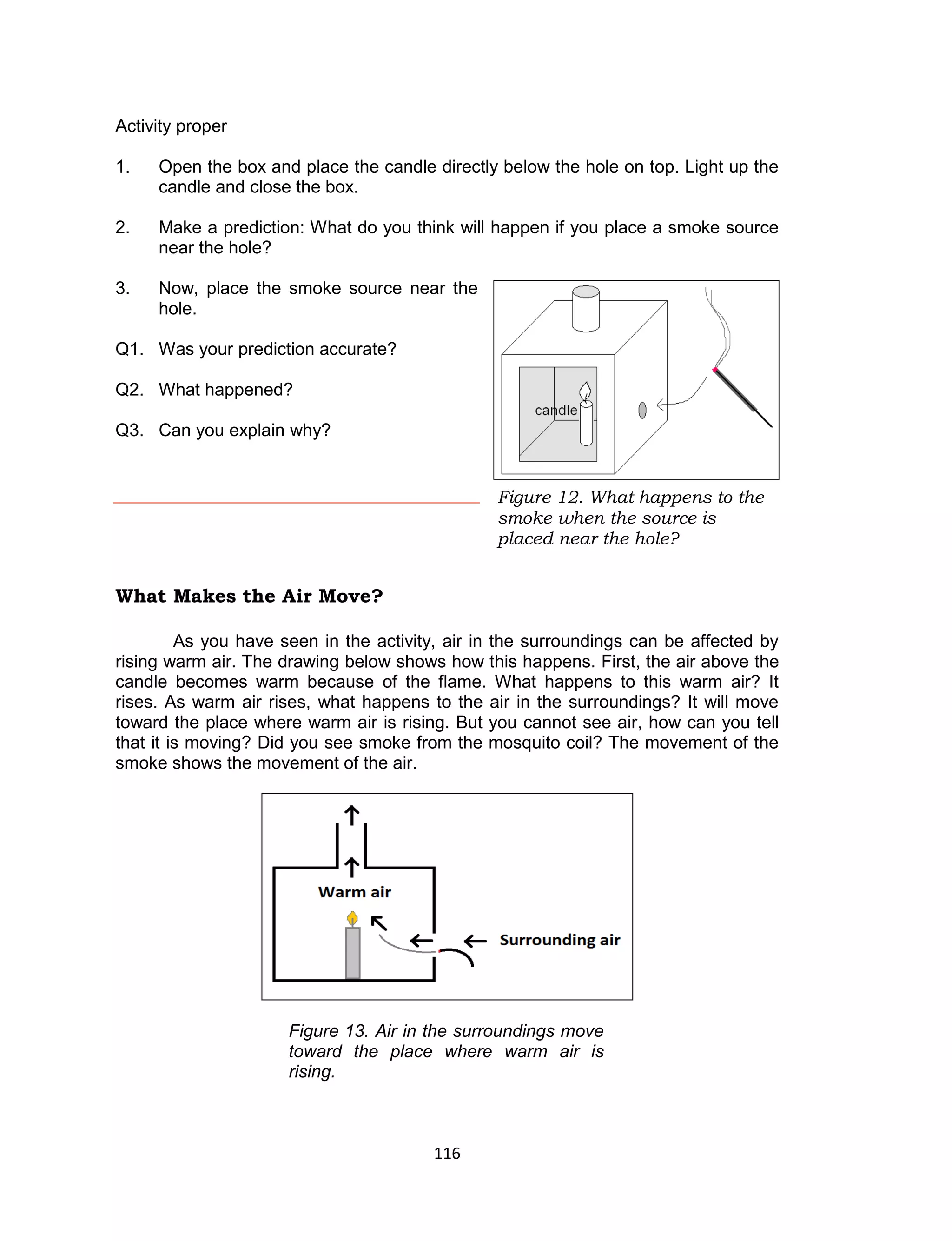 116 
Activity proper 
1. Open the box and place the candle directly below the hole on top. Light up the candle and close the box. 
2. Make a prediction: What do you think will happen if you place a smoke source near the hole? 
3. Now, place the smoke source near the hole. 
Q1. Was your prediction accurate? 
Q2. What happened? 
Q3. Can you explain why? 
What Makes the Air Move? 
As you have seen in the activity, air in the surroundings can be affected by rising warm air. The drawing below shows how this happens. First, the air above the candle becomes warm because of the flame. What happens to this warm air? It rises. As warm air rises, what happens to the air in the surroundings? It will move toward the place where warm air is rising. But you cannot see air, how can you tell that it is moving? Did you see smoke from the mosquito coil? The movement of the smoke shows the movement of the air. 
Figure 13. Air in the surroundings move toward the place where warm air is rising. 
Figure 12. What happens to the smoke when the source is placed near the hole? 
 