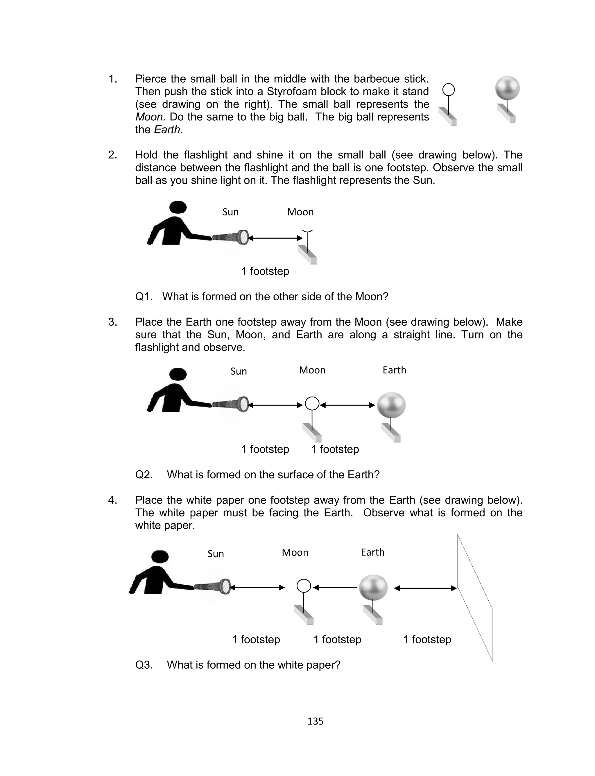 135 
1. Pierce the small ball in the middle with the barbecue stick. Then push the stick into a Styrofoam block to make it stand (see drawing on the right). The small ball represents the Moon. Do the same to the big ball. The big ball represents the Earth. 
2. Hold the flashlight and shine it on the small ball (see drawing below). The distance between the flashlight and the ball is one footstep. Observe the small ball as you shine light on it. The flashlight represents the Sun. 
1 footstep 
Q1. What is formed on the other side of the Moon? 
3. Place the Earth one footstep away from the Moon (see drawing below). Make sure that the Sun, Moon, and Earth are along a straight line. Turn on the flashlight and observe. 
1 footstep 1 footstep 
Q2. What is formed on the surface of the Earth? 
4. Place the white paper one footstep away from the Earth (see drawing below). The white paper must be facing the Earth. Observe what is formed on the white paper. 
1 footstep 1 footstep 1 footstep 
Q3. What is formed on the white paper? 
Moon 
Sun 
Earth 
Moon 
Sun 
Earth 
Sun 
Moon  