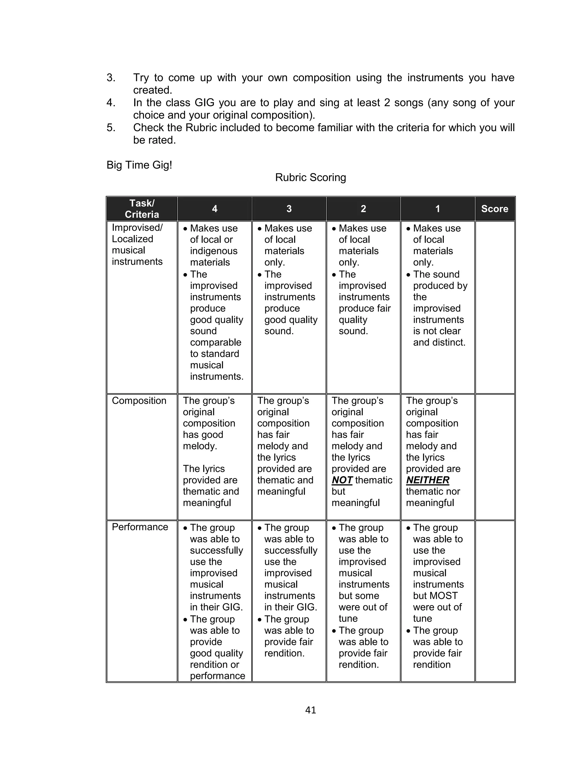 41 
3. Try to come up with your own composition using the instruments you have created. 
4. In the class GIG you are to play and sing at least 2 songs (any song of your choice and your original composition). 
5. Check the Rubric included to become familiar with the criteria for which you will be rated. 
Big Time Gig! 
Rubric Scoring 
Task/ Criteria 4 3 2 1 Score 
Improvised/ 
Localized musical instruments 
 Makes use of local or indigenous materials 
 The improvised instruments produce good quality sound comparable to standard musical instruments. 
 Makes use of local materials only. 
 The improvised instruments produce good quality sound. 
 Makes use of local materials only. 
 The improvised instruments produce fair quality sound. 
 Makes use of local materials only. 
 The sound produced by the improvised instruments is not clear and distinct. 
Composition 
The group’s original composition has good melody. 
The lyrics provided are thematic and meaningful 
The group’s original composition has fair melody and the lyrics provided are thematic and meaningful 
The group’s original composition has fair melody and the lyrics provided are NOT thematic but meaningful 
The group’s original composition has fair melody and the lyrics provided are NEITHER thematic nor meaningful 
Performance 
 The group was able to successfully use the improvised musical instruments in their GIG. 
 The group was able to provide good quality rendition or performance 
 The group was able to successfully use the improvised musical instruments in their GIG. 
 The group was able to provide fair rendition. 
 The group was able to use the improvised musical instruments but some were out of tune 
 The group was able to provide fair rendition. 
 The group was able to use the improvised musical instruments but MOST were out of tune 
 The group was able to provide fair rendition 
 
