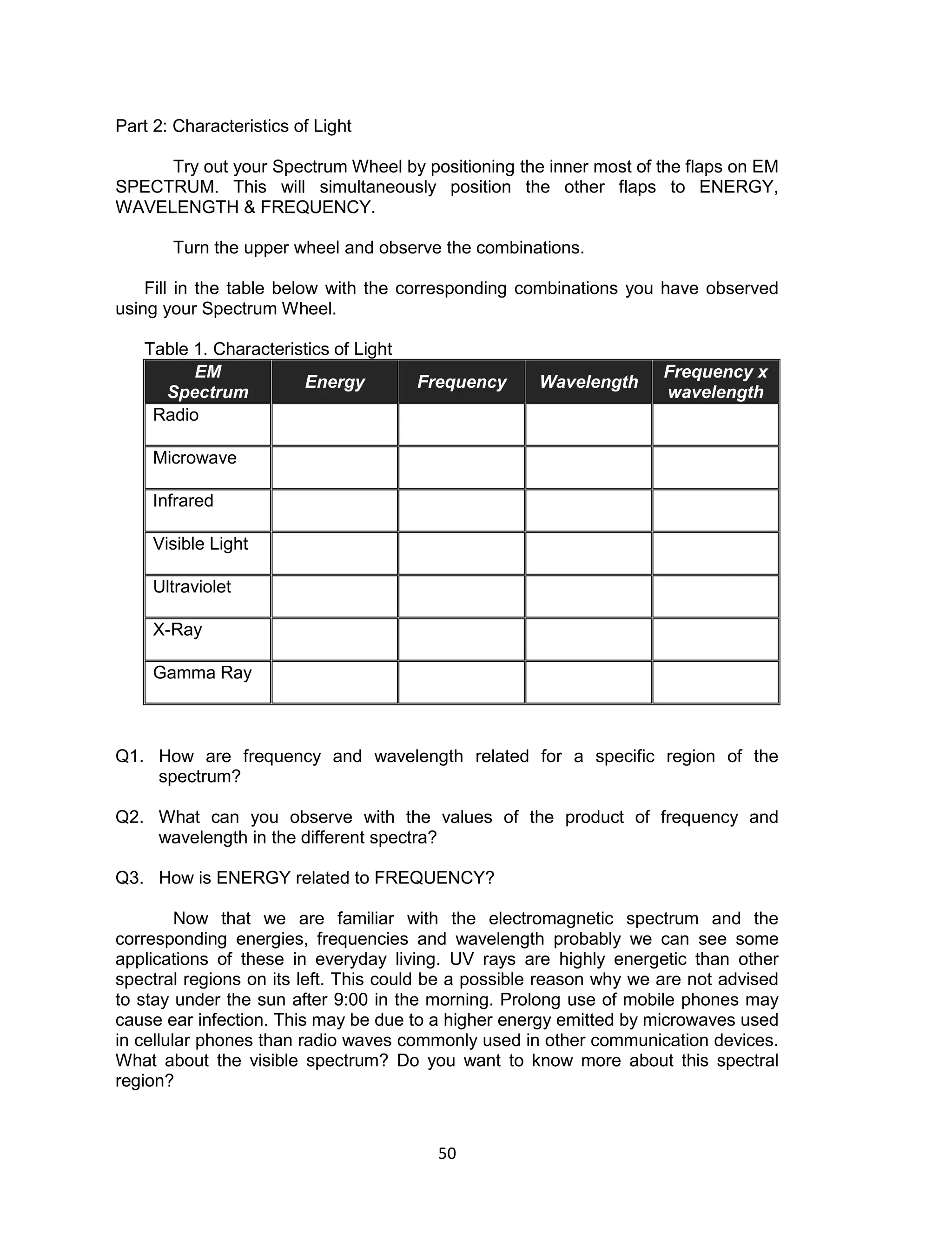 50 
Part 2: Characteristics of Light 
Try out your Spectrum Wheel by positioning the inner most of the flaps on EM SPECTRUM. This will simultaneously position the other flaps to ENERGY, WAVELENGTH & FREQUENCY. 
Turn the upper wheel and observe the combinations. 
Fill in the table below with the corresponding combinations you have observed using your Spectrum Wheel. 
Table 1. Characteristics of Light EM Spectrum Energy Frequency Wavelength Frequency x wavelength 
Radio 
Microwave 
Infrared 
Visible Light 
Ultraviolet 
X-Ray 
Gamma Ray 
Q1. How are frequency and wavelength related for a specific region of the spectrum? 
Q2. What can you observe with the values of the product of frequency and wavelength in the different spectra? 
Q3. How is ENERGY related to FREQUENCY? 
Now that we are familiar with the electromagnetic spectrum and the corresponding energies, frequencies and wavelength probably we can see some applications of these in everyday living. UV rays are highly energetic than other spectral regions on its left. This could be a possible reason why we are not advised to stay under the sun after 9:00 in the morning. Prolong use of mobile phones may cause ear infection. This may be due to a higher energy emitted by microwaves used in cellular phones than radio waves commonly used in other communication devices. What about the visible spectrum? Do you want to know more about this spectral region?  