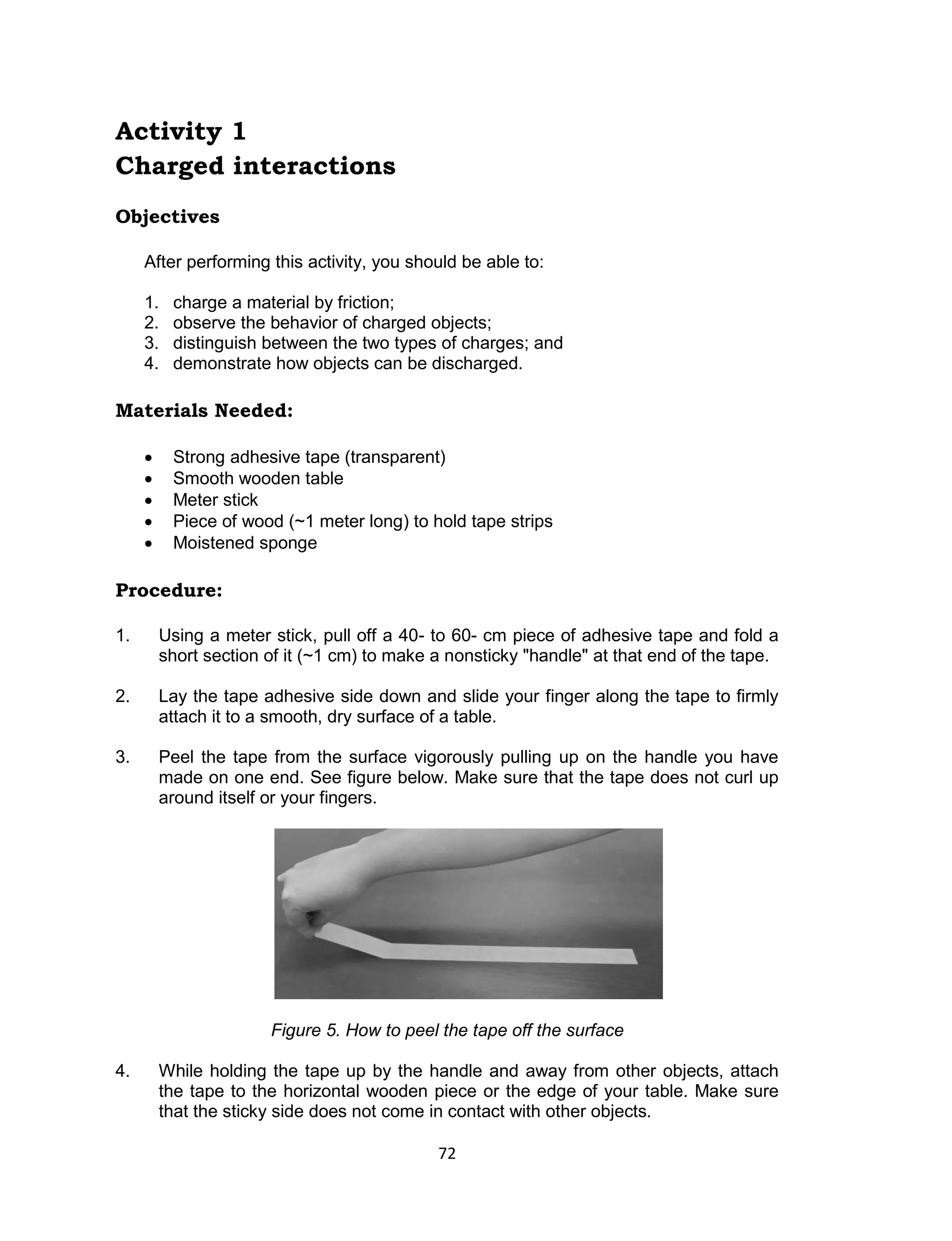 72 
Activity 1 
Charged interactions 
Objectives 
After performing this activity, you should be able to: 
1. charge a material by friction; 
2. observe the behavior of charged objects; 
3. distinguish between the two types of charges; and 
4. demonstrate how objects can be discharged. 
Materials Needed: 
 Strong adhesive tape (transparent) 
 Smooth wooden table 
 Meter stick 
 Piece of wood (~1 meter long) to hold tape strips 
 Moistened sponge 
Procedure: 
1. Using a meter stick, pull off a 40- to 60- cm piece of adhesive tape and fold a short section of it (~1 cm) to make a nonsticky "handle" at that end of the tape. 
2. Lay the tape adhesive side down and slide your finger along the tape to firmly attach it to a smooth, dry surface of a table. 
3. Peel the tape from the surface vigorously pulling up on the handle you have made on one end. See figure below. Make sure that the tape does not curl up around itself or your fingers. 
Figure 5. How to peel the tape off the surface 
4. While holding the tape up by the handle and away from other objects, attach the tape to the horizontal wooden piece or the edge of your table. Make sure that the sticky side does not come in contact with other objects.  
