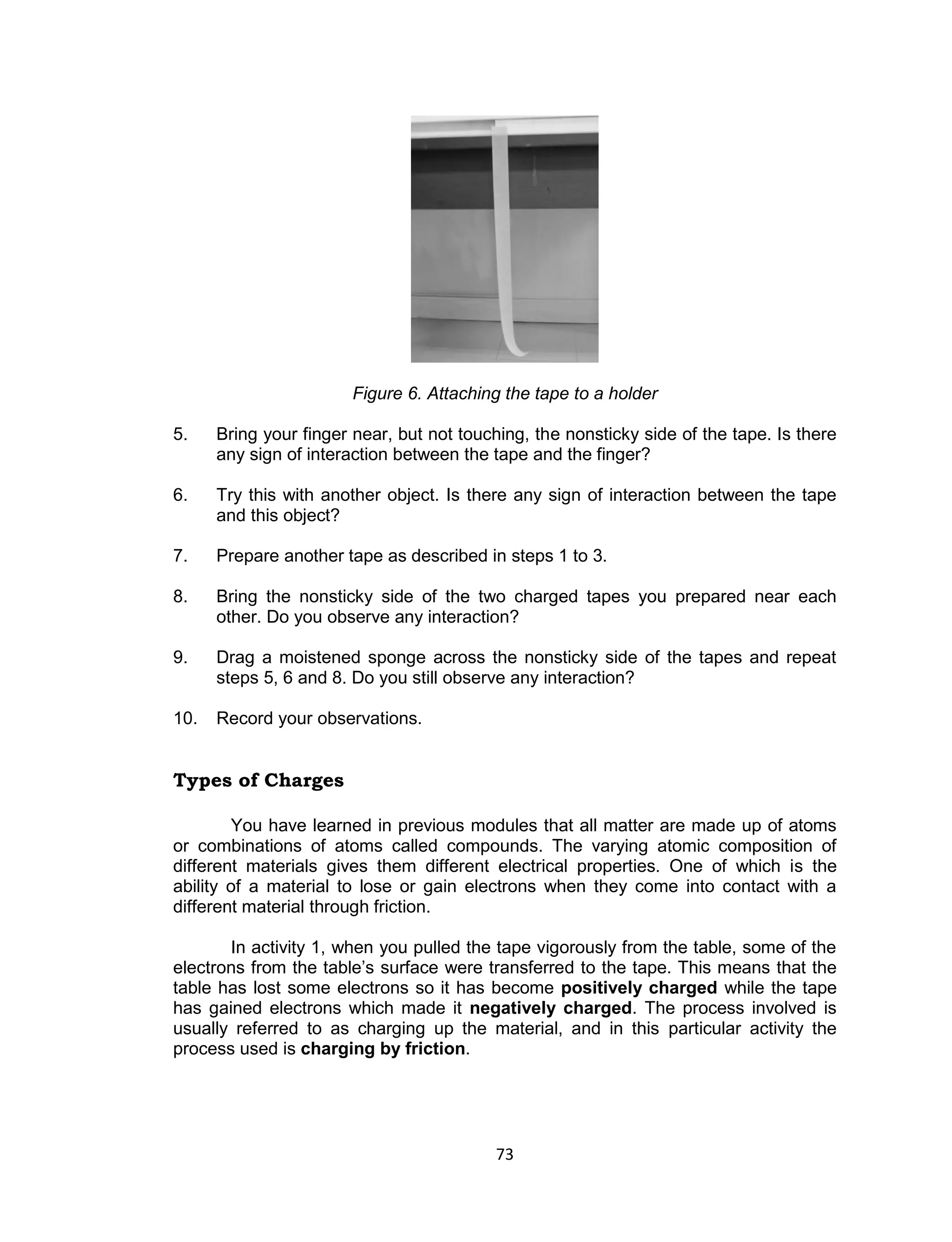 73 
Figure 6. Attaching the tape to a holder 
5. Bring your finger near, but not touching, the nonsticky side of the tape. Is there any sign of interaction between the tape and the finger? 
6. Try this with another object. Is there any sign of interaction between the tape and this object? 
7. Prepare another tape as described in steps 1 to 3. 
8. Bring the nonsticky side of the two charged tapes you prepared near each other. Do you observe any interaction? 
9. Drag a moistened sponge across the nonsticky side of the tapes and repeat steps 5, 6 and 8. Do you still observe any interaction? 
10. Record your observations. 
Types of Charges 
You have learned in previous modules that all matter are made up of atoms or combinations of atoms called compounds. The varying atomic composition of different materials gives them different electrical properties. One of which is the ability of a material to lose or gain electrons when they come into contact with a different material through friction. 
In activity 1, when you pulled the tape vigorously from the table, some of the electrons from the table’s surface were transferred to the tape. This means that the table has lost some electrons so it has become positively charged while the tape has gained electrons which made it negatively charged. The process involved is usually referred to as charging up the material, and in this particular activity the process used is charging by friction.  