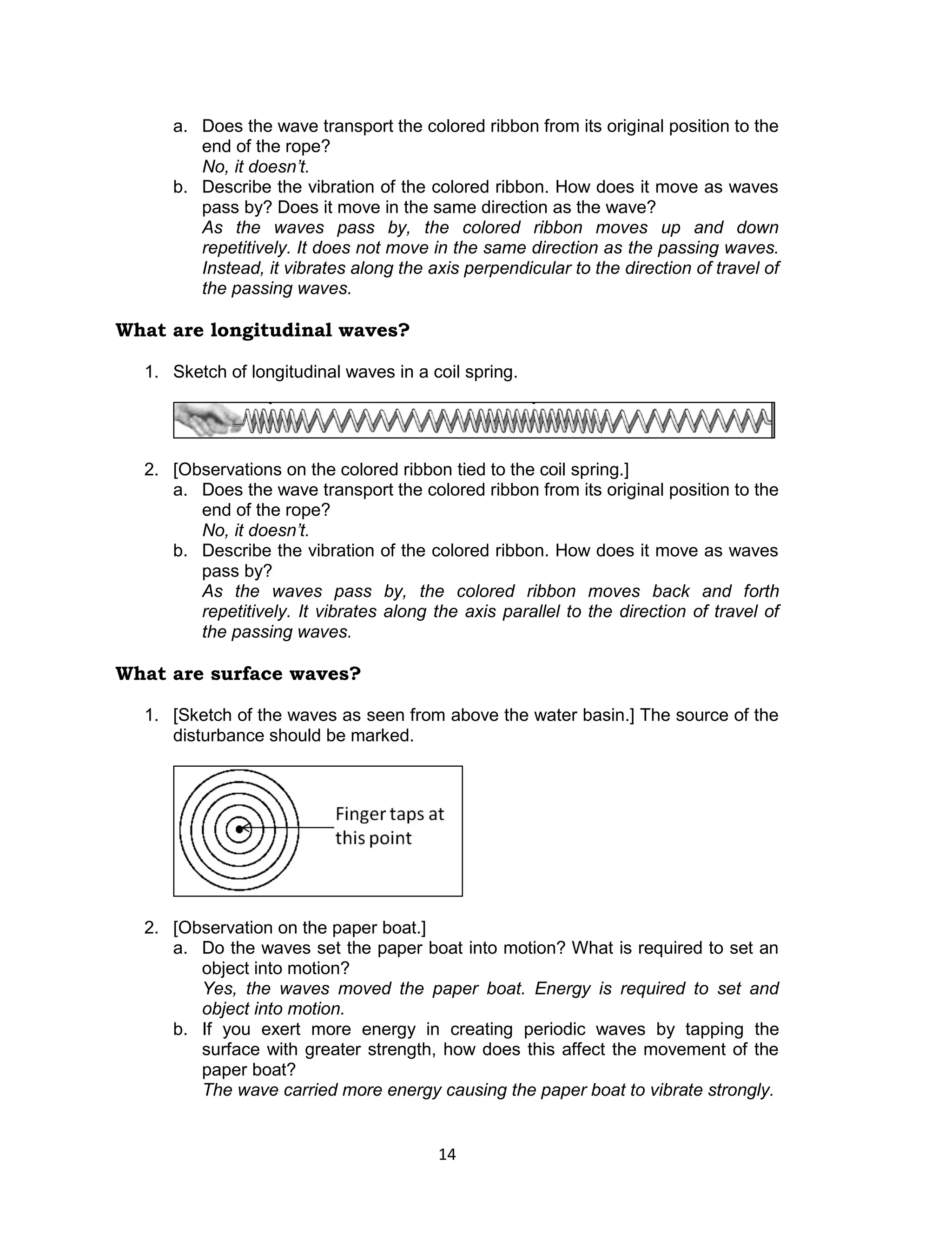 a. Does the wave transport the colored ribbon from its original position to the
        end of the rope?
        No, it doesn’t.
     b. Describe the vibration of the colored ribbon. How does it move as waves
        pass by? Does it move in the same direction as the wave?
        As the waves pass by, the colored ribbon moves up and down
        repetitively. It does not move in the same direction as the passing waves.
        Instead, it vibrates along the axis perpendicular to the direction of travel of
        the passing waves.

What are longitudinal waves?

  1. Sketch of longitudinal waves in a coil spring.




  2. [Observations on the colored ribbon tied to the coil spring.]
     a. Does the wave transport the colored ribbon from its original position to the
        end of the rope?
        No, it doesn’t.
     b. Describe the vibration of the colored ribbon. How does it move as waves
        pass by?
        As the waves pass by, the colored ribbon moves back and forth
        repetitively. It vibrates along the axis parallel to the direction of travel of
        the passing waves.

What are surface waves?

  1. [Sketch of the waves as seen from above the water basin.] The source of the
     disturbance should be marked.




  2. [Observation on the paper boat.]
     a. Do the waves set the paper boat into motion? What is required to set an
        object into motion?
        Yes, the waves moved the paper boat. Energy is required to set and
        object into motion.
     b. If you exert more energy in creating periodic waves by tapping the
        surface with greater strength, how does this affect the movement of the
        paper boat?
        The wave carried more energy causing the paper boat to vibrate strongly.


                                         14
 
