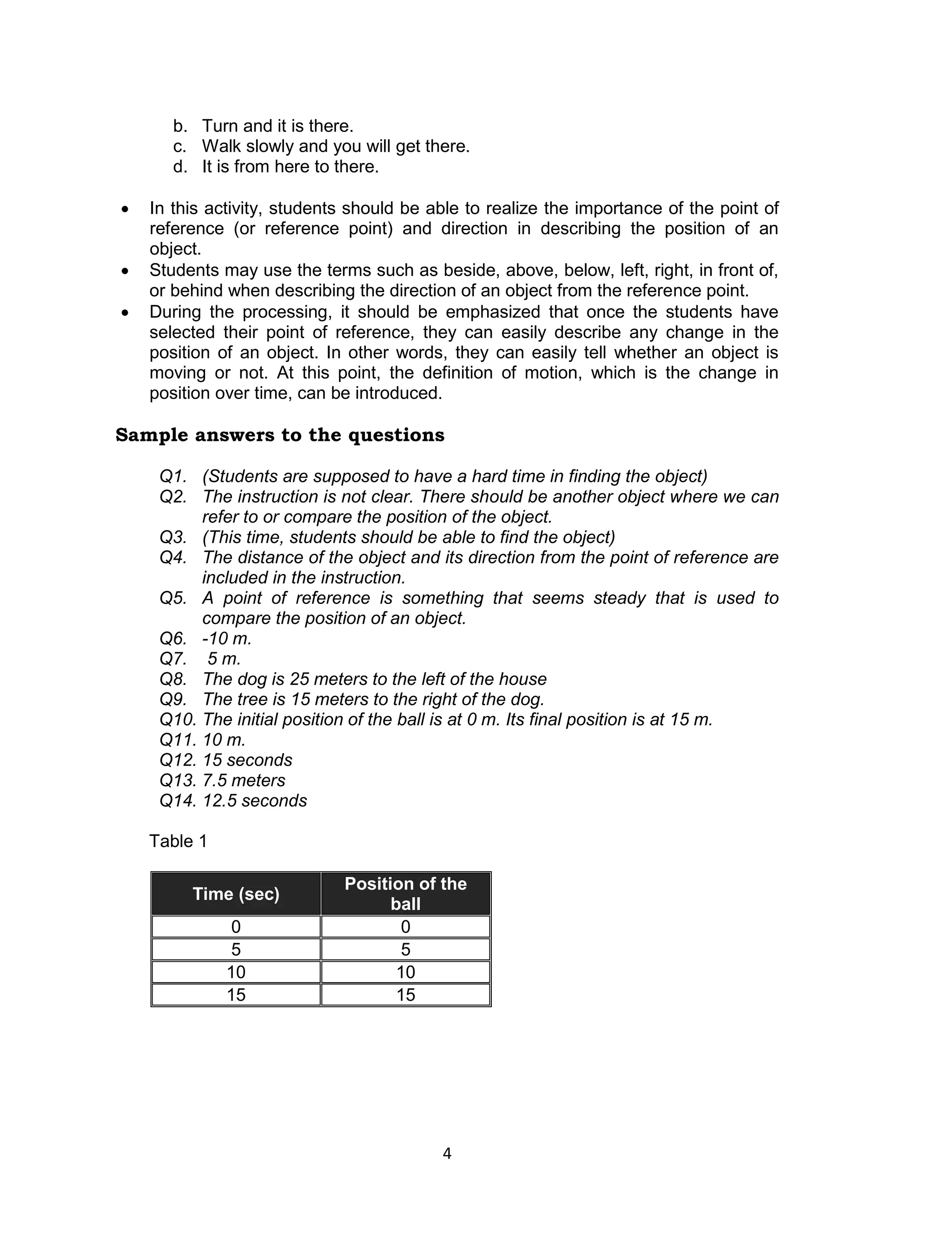 b. Turn and it is there.
       c. Walk slowly and you will get there.
       d. It is from here to there.

   In this activity, students should be able to realize the importance of the point of
    reference (or reference point) and direction in describing the position of an
    object.
   Students may use the terms such as beside, above, below, left, right, in front of,
    or behind when describing the direction of an object from the reference point.
   During the processing, it should be emphasized that once the students have
    selected their point of reference, they can easily describe any change in the
    position of an object. In other words, they can easily tell whether an object is
    moving or not. At this point, the definition of motion, which is the change in
    position over time, can be introduced.

Sample answers to the questions

     Q1. (Students are supposed to have a hard time in finding the object)
     Q2. The instruction is not clear. There should be another object where we can
          refer to or compare the position of the object.
     Q3. (This time, students should be able to find the object)
     Q4. The distance of the object and its direction from the point of reference are
          included in the instruction.
     Q5. A point of reference is something that seems steady that is used to
          compare the position of an object.
     Q6. -10 m.
     Q7. 5 m.
     Q8. The dog is 25 meters to the left of the house
     Q9. The tree is 15 meters to the right of the dog.
     Q10. The initial position of the ball is at 0 m. Its final position is at 15 m.
     Q11. 10 m.
     Q12. 15 seconds
     Q13. 7.5 meters
     Q14. 12.5 seconds

    Table 1

                             Position of the
         Time (sec)
                                   ball
               0                    0
               5                    5
              10                   10
              15                   15




                                          4
 