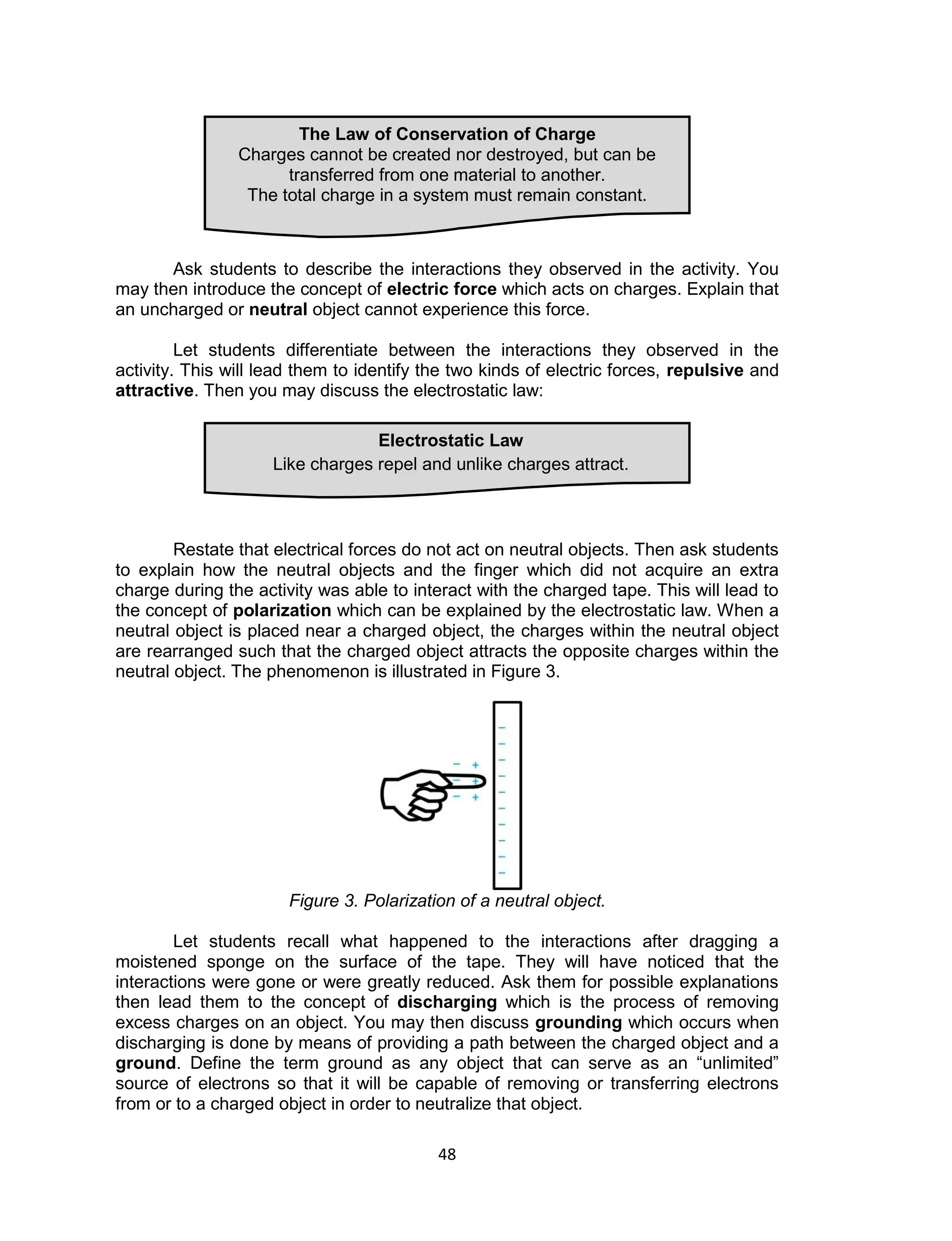 The Law of Conservation of Charge
                Charges cannot be created nor destroyed, but can be
                      transferred from one material to another.
                 The total charge in a system must remain constant.



      Ask students to describe the interactions they observed in the activity. You
may then introduce the concept of electric force which acts on charges. Explain that
an uncharged or neutral object cannot experience this force.

         Let students differentiate between the interactions they observed in the
activity. This will lead them to identify the two kinds of electric forces, repulsive and
attractive. Then you may discuss the electrostatic law:

                                  Electrostatic Law
                     Like charges repel and unlike charges attract.



        Restate that electrical forces do not act on neutral objects. Then ask students
to explain how the neutral objects and the finger which did not acquire an extra
charge during the activity was able to interact with the charged tape. This will lead to
the concept of polarization which can be explained by the electrostatic law. When a
neutral object is placed near a charged object, the charges within the neutral object
are rearranged such that the charged object attracts the opposite charges within the
neutral object. The phenomenon is illustrated in Figure 3.




                       Figure 3. Polarization of a neutral object.

        Let students recall what happened to the interactions after dragging a
moistened sponge on the surface of the tape. They will have noticed that the
interactions were gone or were greatly reduced. Ask them for possible explanations
then lead them to the concept of discharging which is the process of removing
excess charges on an object. You may then discuss grounding which occurs when
discharging is done by means of providing a path between the charged object and a
ground. Define the term ground as any object that can serve as an “unlimited”
source of electrons so that it will be capable of removing or transferring electrons
from or to a charged object in order to neutralize that object.

                                           48
 