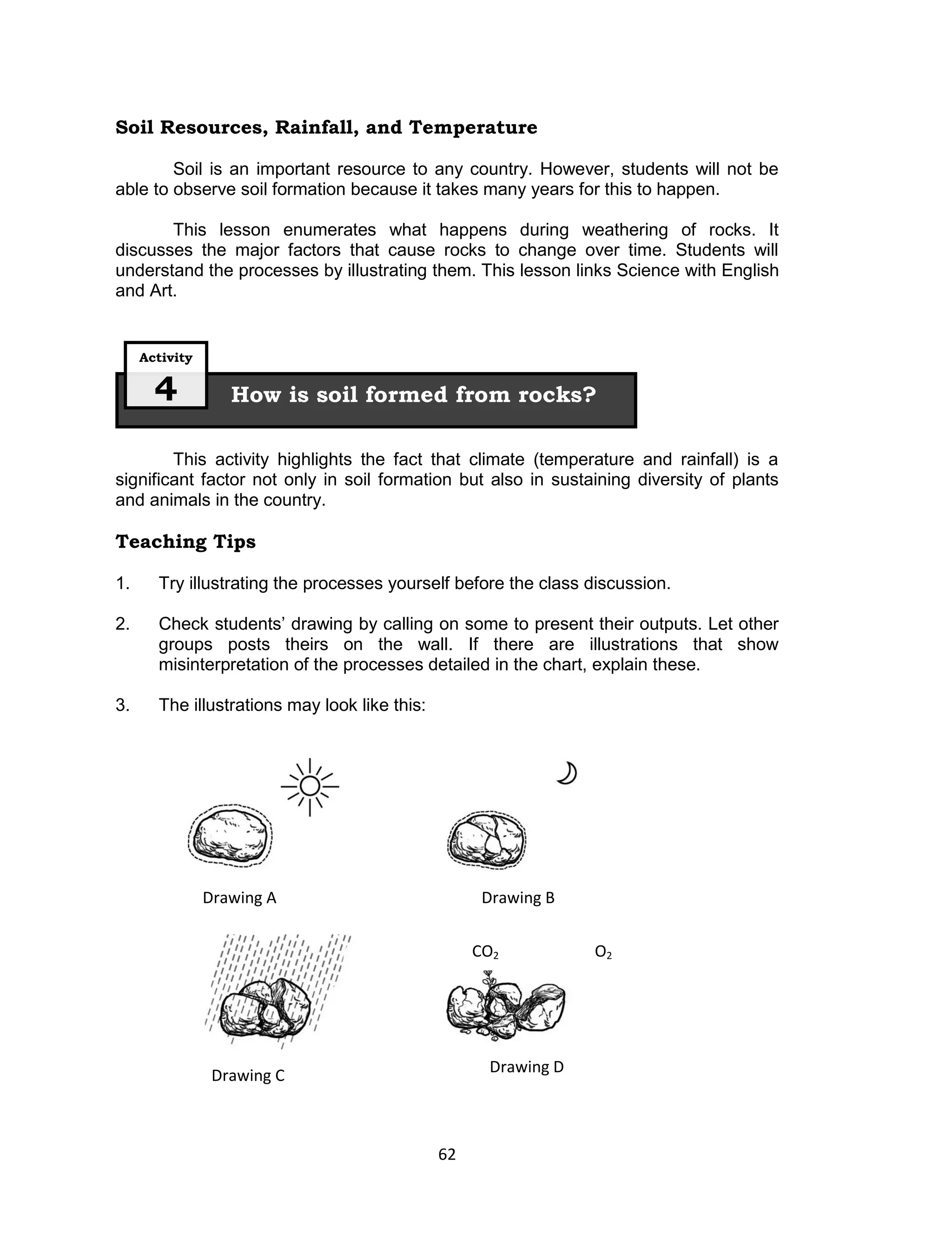 Soil Resources, Rainfall, and Temperature

        Soil is an important resource to any country. However, students will not be
able to observe soil formation because it takes many years for this to happen.

       This lesson enumerates what happens during weathering of rocks. It
discusses the major factors that cause rocks to change over time. Students will
understand the processes by illustrating them. This lesson links Science with English
and Art.


     Activity

       4           How is soil formed from rocks?

        This activity highlights the fact that climate (temperature and rainfall) is a
significant factor not only in soil formation but also in sustaining diversity of plants
and animals in the country.

Teaching Tips

1.     Try illustrating the processes yourself before the class discussion.

2.     Check students’ drawing by calling on some to present their outputs. Let other
       groups posts theirs on the wall. If there are illustrations that show
       misinterpretation of the processes detailed in the chart, explain these.

3.     The illustrations may look like this:




                Drawing A                            Drawing B


                                                    CO2          O2




                 Drawing C                           Drawing D



                                               62
 