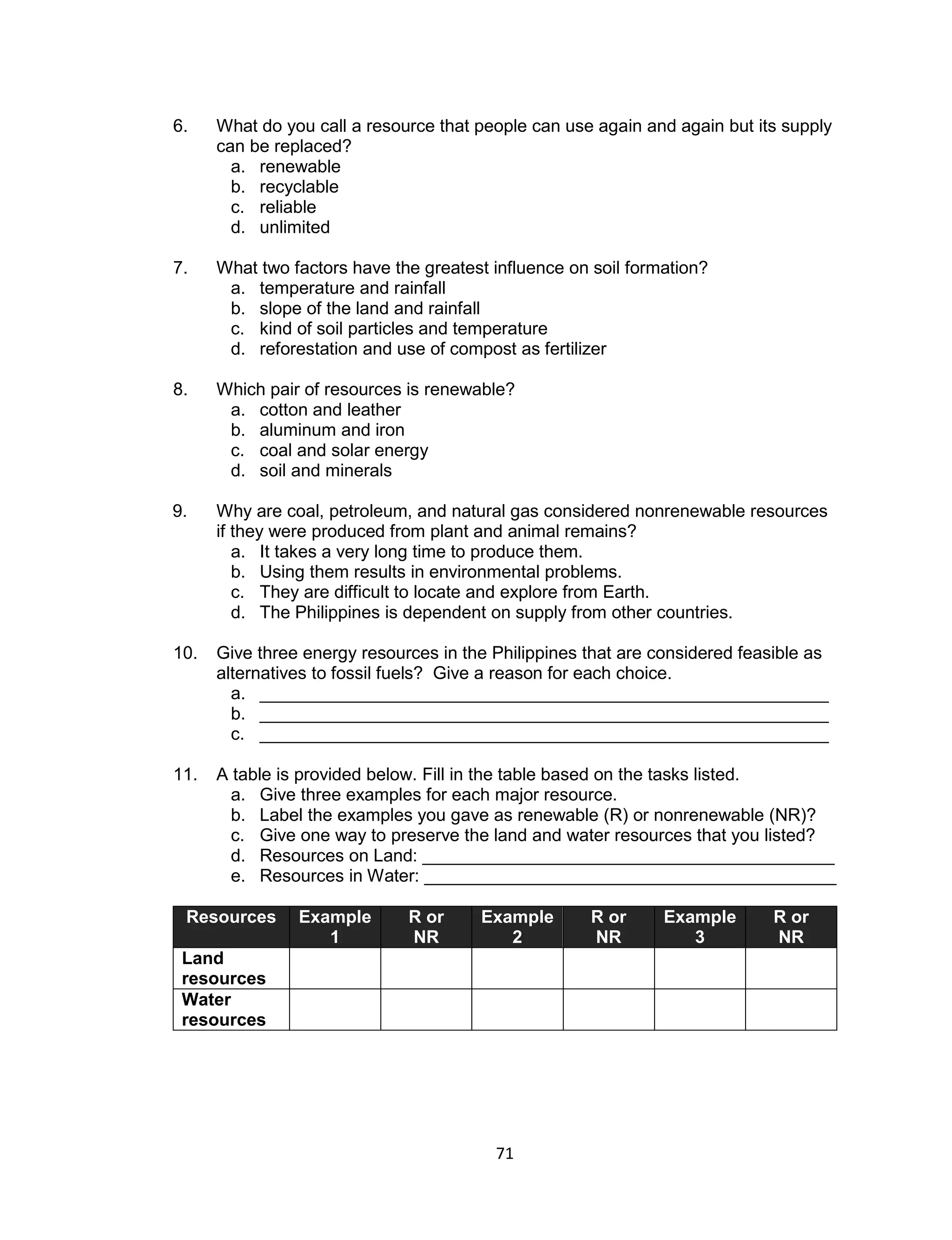 6.    What do you call a resource that people can use again and again but its supply
      can be replaced?
        a. renewable
        b. recyclable
        c. reliable
        d. unlimited

7.    What two factors have the greatest influence on soil formation?
       a. temperature and rainfall
       b. slope of the land and rainfall
       c. kind of soil particles and temperature
       d. reforestation and use of compost as fertilizer

8.    Which pair of resources is renewable?
       a. cotton and leather
       b. aluminum and iron
       c. coal and solar energy
       d. soil and minerals

9.    Why are coal, petroleum, and natural gas considered nonrenewable resources
      if they were produced from plant and animal remains?
         a. It takes a very long time to produce them.
         b. Using them results in environmental problems.
         c. They are difficult to locate and explore from Earth.
         d. The Philippines is dependent on supply from other countries.

10.   Give three energy resources in the Philippines that are considered feasible as
      alternatives to fossil fuels? Give a reason for each choice.
        a. __________________________________________________________
        b. __________________________________________________________
        c. __________________________________________________________

11.   A table is provided below. Fill in the table based on the tasks listed.
        a. Give three examples for each major resource.
        b. Label the examples you gave as renewable (R) or nonrenewable (NR)?
        c. Give one way to preserve the land and water resources that you listed?
        d. Resources on Land: __________________________________________
        e. Resources in Water: __________________________________________

 Resources      Example       R or     Example       R or      Example      R or
                   1          NR          2          NR           3         NR
 Land
 resources
 Water
 resources




                                         71
 
